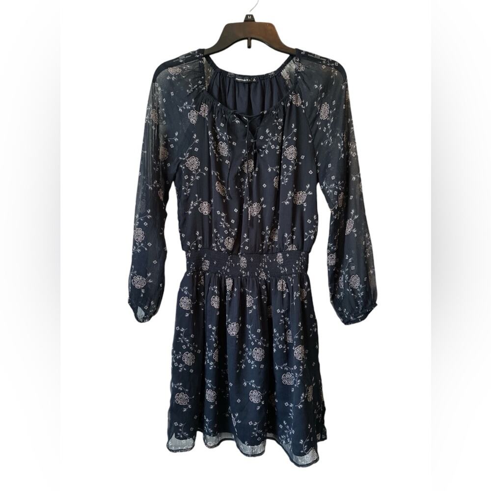 Abercrombie & Fitch Navy Blue Boho Floral Fit & Flare Dress Sheer Sleeves Size S